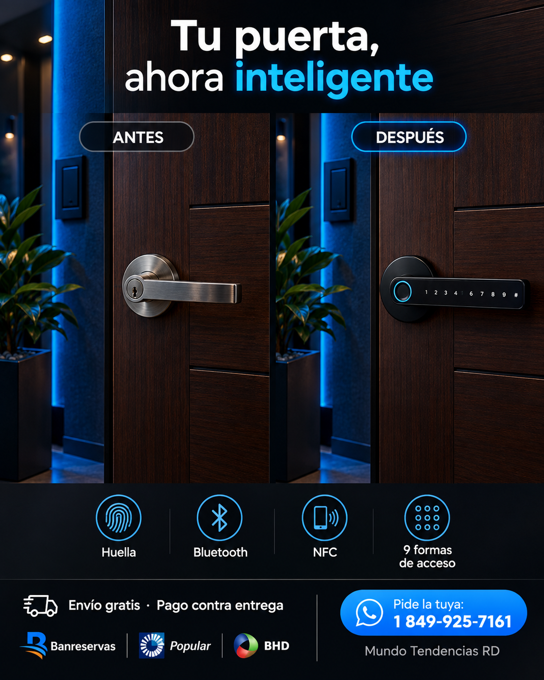 SmartLock 9X™ | Cerradura Inteligente con Huella, Bluetooth, NFC y 9 Formas de Acceso