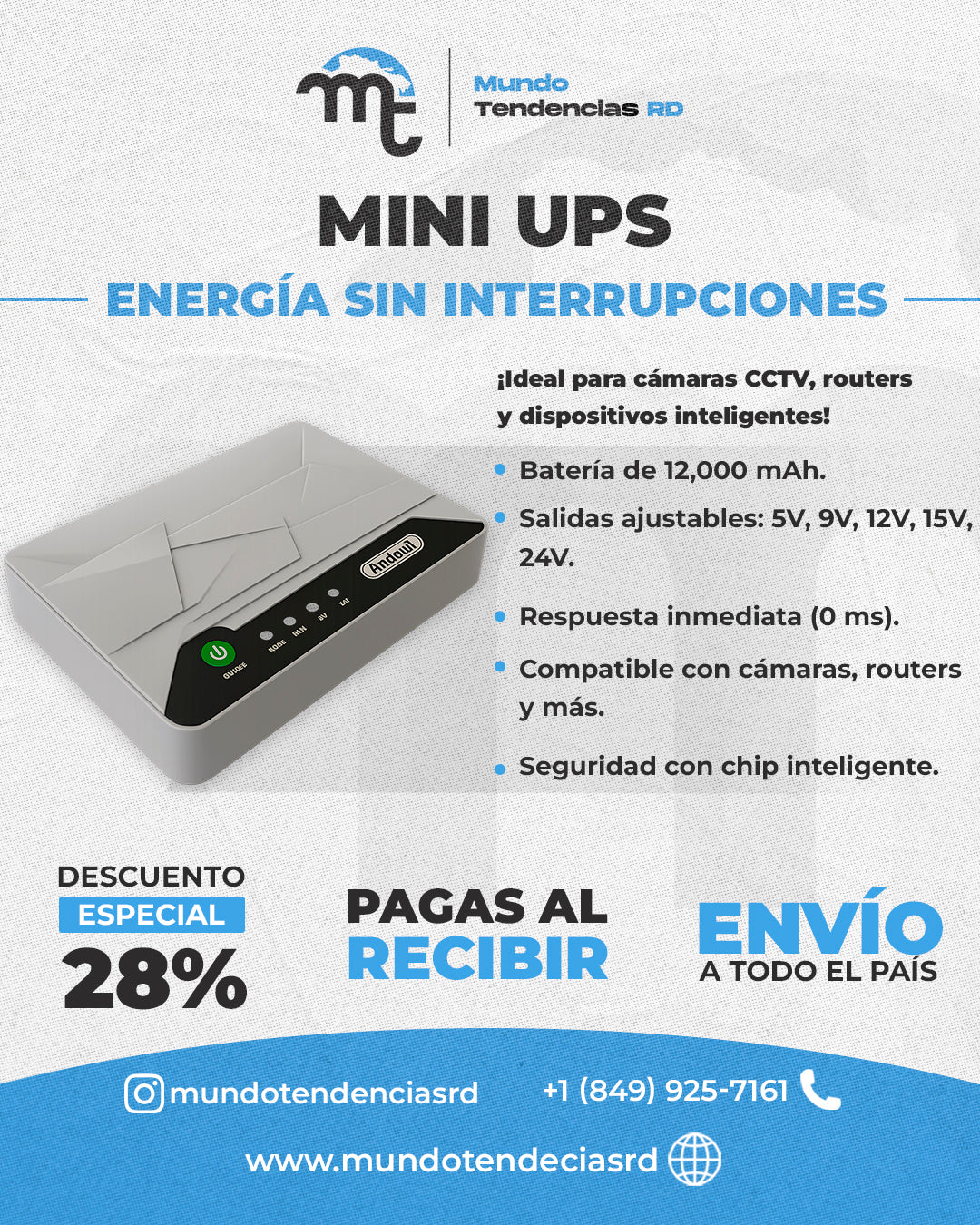 Mini UPS DC PowerGuard™ Multi Dipositivos | 12,000 mAh | ¡No te quedes sin Internet cuando la Luz se va!