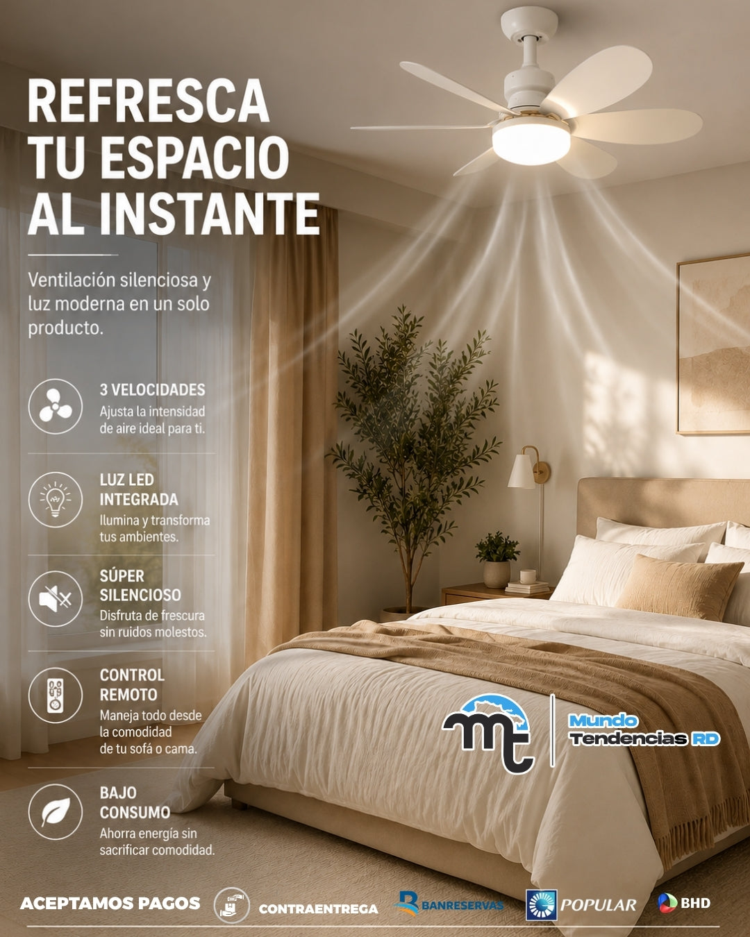 Abanico de Techo LED 2 en 1 con Control Remoto | Ventilador + Lámpara, 3 Velocidades y Luz Regulable