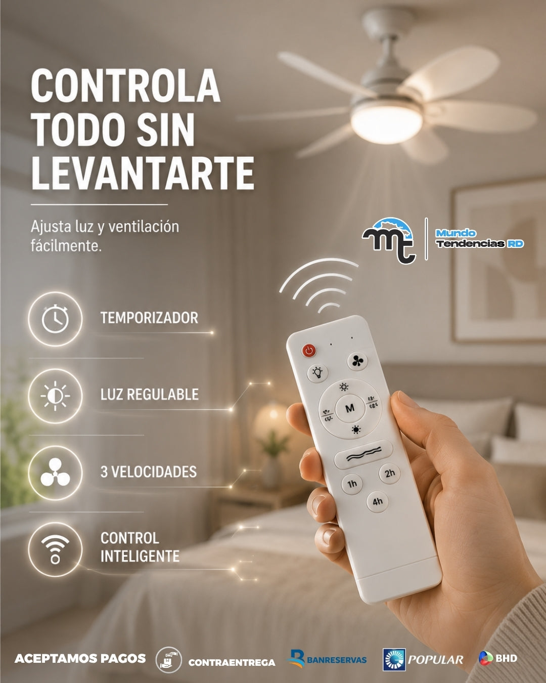 Abanico de Techo LED 2 en 1 con Control Remoto | Ventilador + Lámpara, 3 Velocidades y Luz Regulable