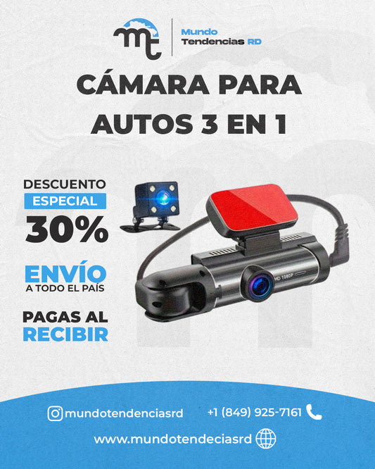 Cámara para Autos SafeCar™ 3 en 1 | Graba TODO lo que pasa en tu carro – Delante, Detrás y Adentro!!