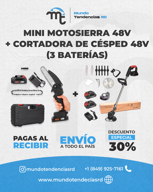 OFERTA: Mini Motosierra Sierra Electrica Inalámbrica + Cortadora césped a batería 48V TurboJardín™ | ¡Corta, Poda y Despeja como un Profesional! - Incluye 3 Baterías de 48v