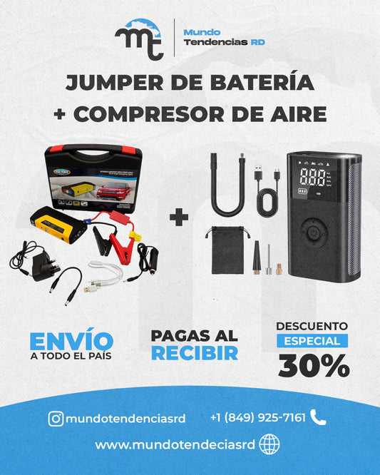 Jumper de batería + Compresor de Aire (Combo) AutoGuard™ | ¡Arranca tu carro y llena tus gomas en minutos! Kit 2 en 1 indispensable para conductores