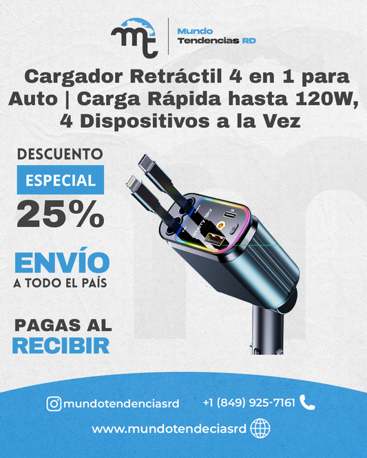 Cargador Retráctil 4 en 1 para Auto | Carga Rápida hasta 120W, 4 Dispositivos a la Vez y Giro 180°