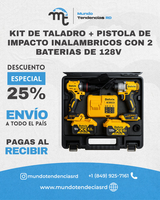 Kit Taladro + Pistola de Impacto 2 Baterías 128V Dotvix Power Tools™ | ¡Potencia y autonomía garantizada!