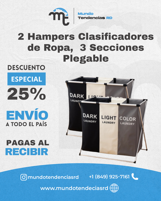 Combo 2 Hamper Clasificadores de Ropa , 3 Secciones Plegable | Deja de acumular ropa en sillas, camas y esquinas