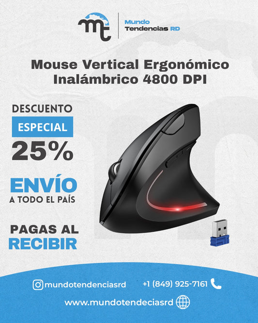Mouse Vertical Ergonómico Inalámbrico 4800 DPI | Bluetooth + USB, Batería 12 Meses, 6 Botones y Clics Silenciosos