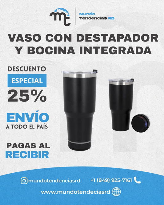 Vaso con destapador y Bocina Incorporada  | Disfruta tu música y bebida donde quieras: playa, piscina o viaje