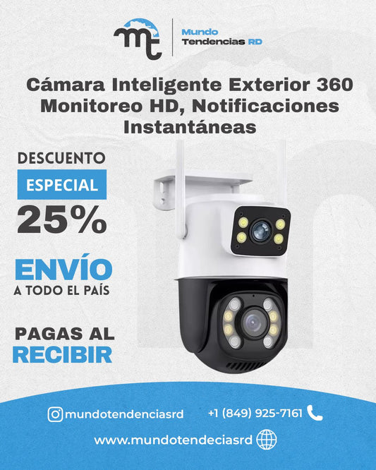 Cámara Inteligente Exterior 360° | Aprueba de Agua, Monitoreo HD, Sensor de Movimiento y Notificaciones Instantáneas