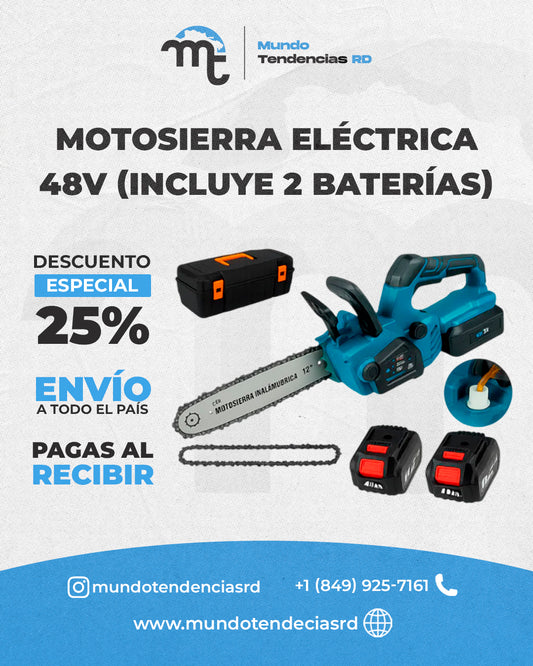 Motosierra Eléctrica Inalámbrica de Alta Potencia PowerPro™ | ¡Corta como un profesional! Motosierra Eléctrica 48V con Espada de 12” y Maletín